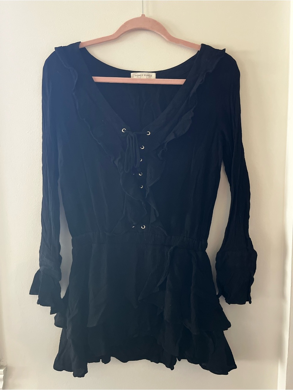 Witchy goth Honey Punch Black Ruffle Lace-Up Long Sleeve Peplum Dress